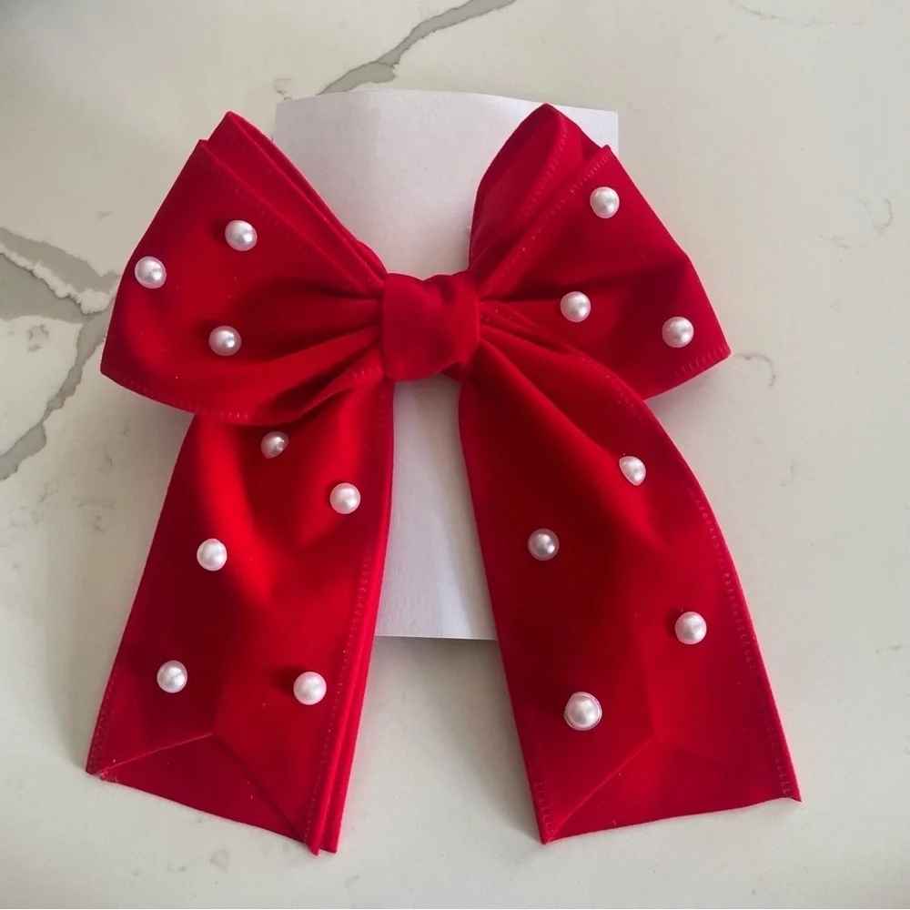 New Elegant Red velvet Bow with Pearls for Kids clip on formal holiday events